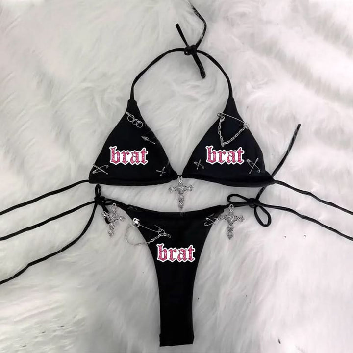 Halter self tie cross applique short pant set  | Festival Outfits Women