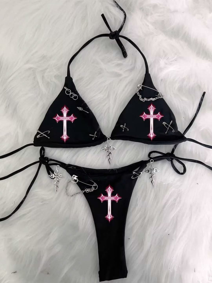 Halter self tie cross applique short pant set  | Festival Outfits Women