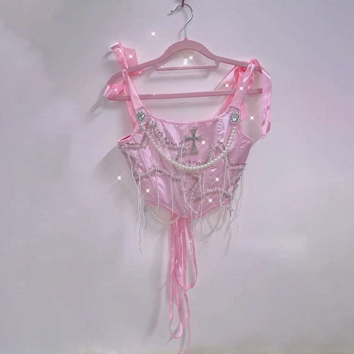 Beaded corset self tie star pattern cami top  | Festival Outfits Women