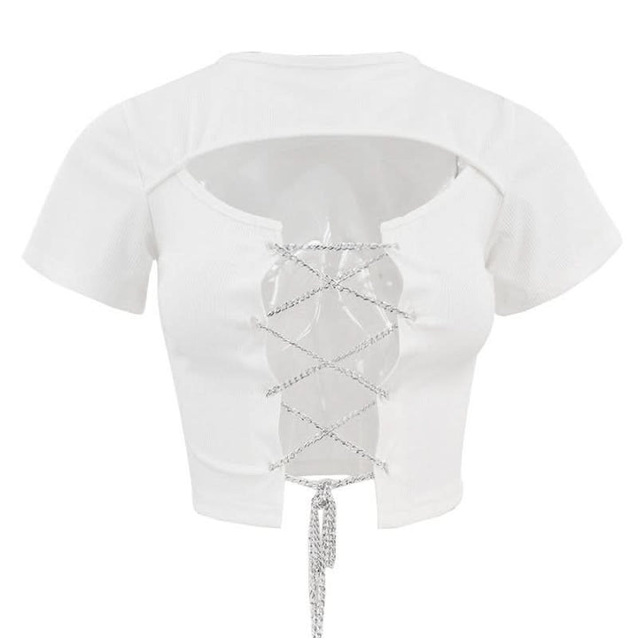 Short sleeve hollow out metal chain lace up ribbed cut out top  | Festival Outfits Women