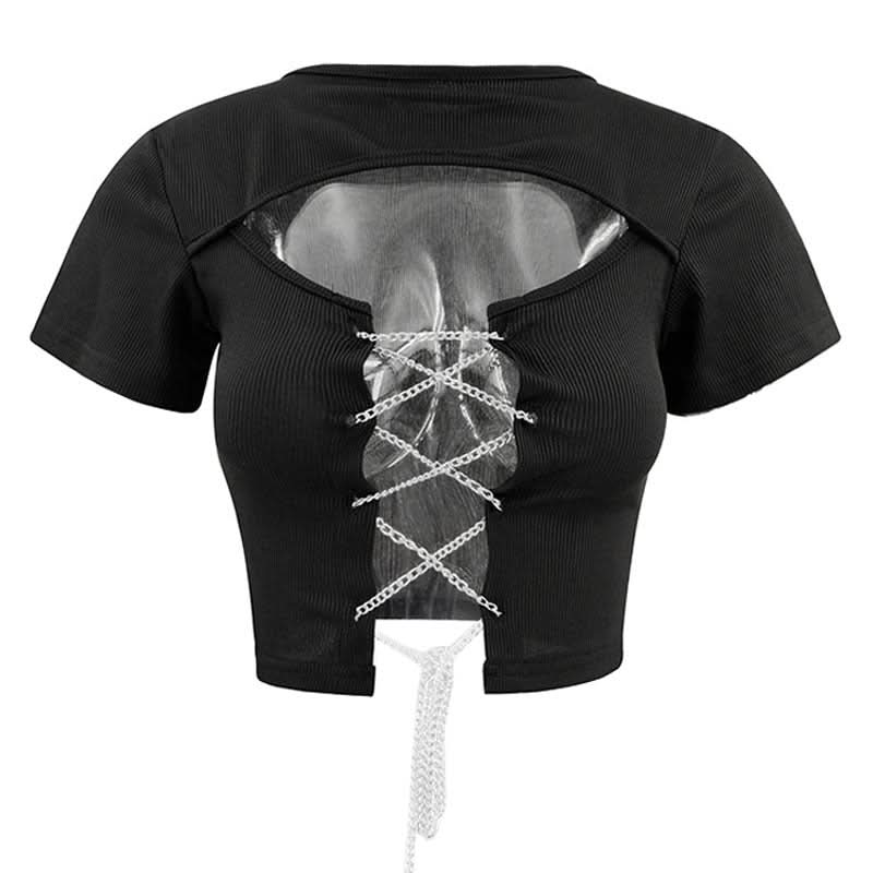 Short sleeve hollow out metal chain lace up ribbed cut out top  | Festival Outfits Women