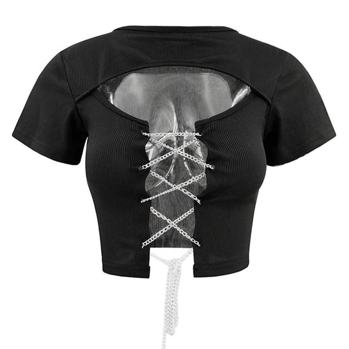 Short sleeve hollow out metal chain lace up ribbed cut out top  | Festival Outfits Women