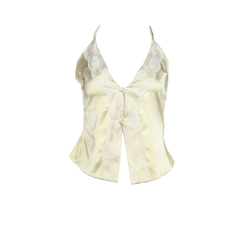 V neck satin cross back self tie cami top  | Festival Outfits Women