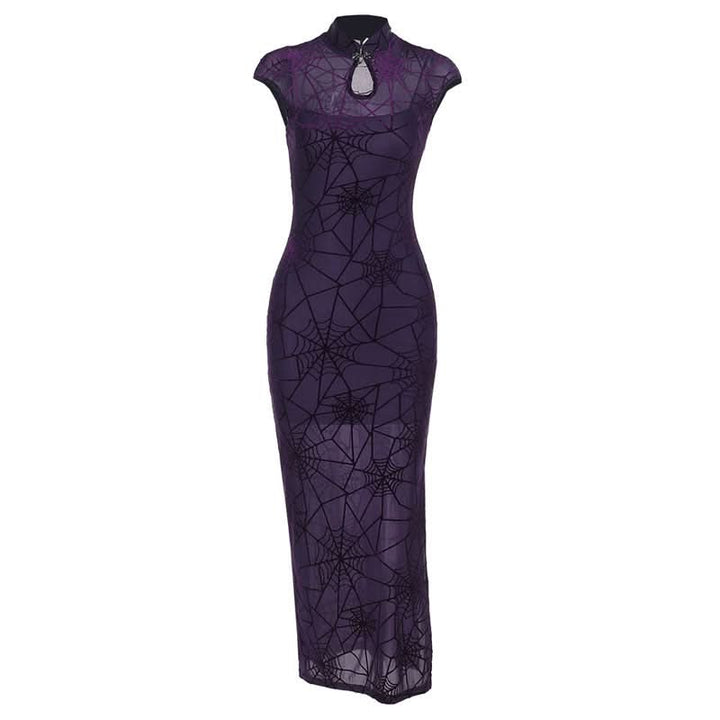 Hollow out spider web print slit v neck cut out maxi dress  | Festival Outfits Women