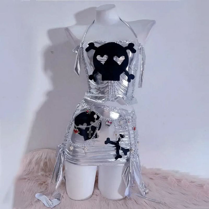 Halter metallic skull pattern ruched mini skirt set  | Festival Outfits Women