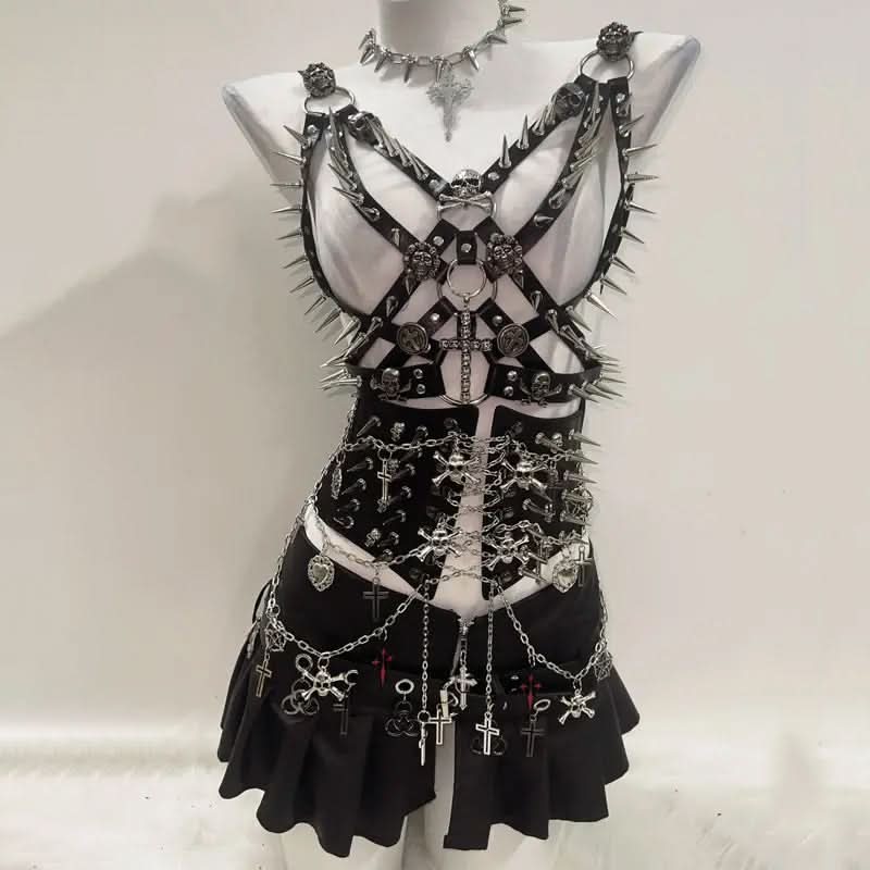 Rivet harness skull applique corset slit mini skirt set  | Festival Outfits Women