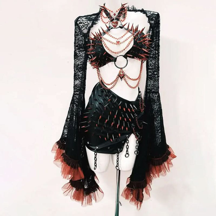 Long flared sleeve halter PU leather o ring rivet mini skirt set Cargo Mini Skirt  | Festival Outfits Women