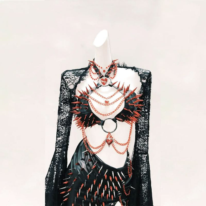 Long flared sleeve halter PU leather o ring rivet mini skirt set Cargo Mini Skirt  | Festival Outfits Women