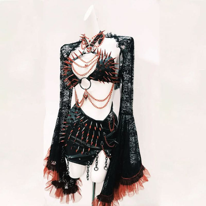 Long flared sleeve halter PU leather o ring rivet mini skirt set Cargo Mini Skirt  | Festival Outfits Women