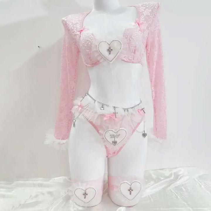 Long sleeve sweetheart pattern lace bowknot short pant set  | Festival Outfits Women