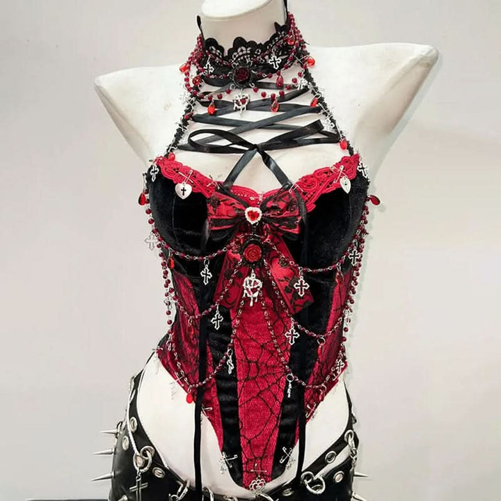 Lace up beaded flower applique bowknot top  | Festival Outfits Women