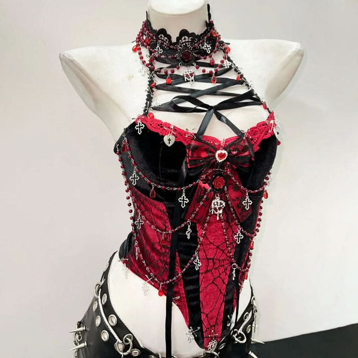 Lace up beaded flower applique bowknot top  | Festival Outfits Women