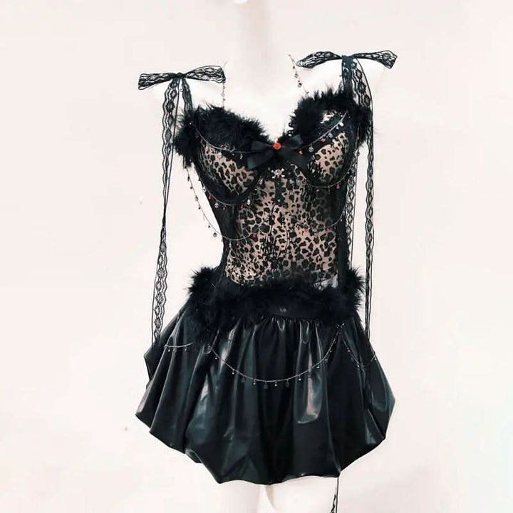 Fluffy lace hem self tie bowknot mini skirt set  | Festival Outfits Women