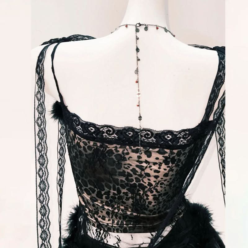 Fluffy lace hem self tie bowknot mini skirt set  | Festival Outfits Women