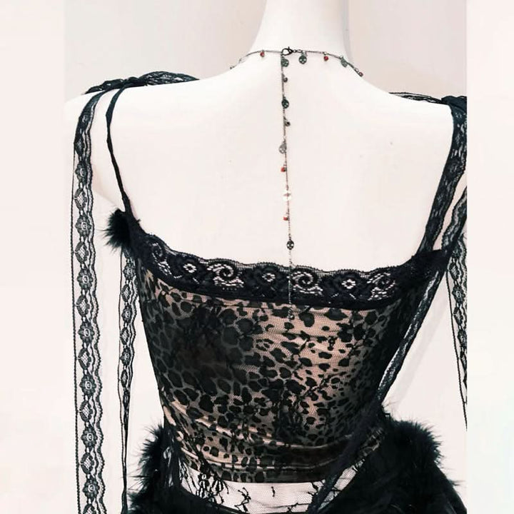 Fluffy lace hem self tie bowknot mini skirt set  | Festival Outfits Women