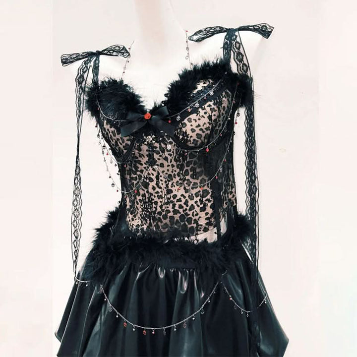 Fluffy lace hem self tie bowknot mini skirt set  | Festival Outfits Women