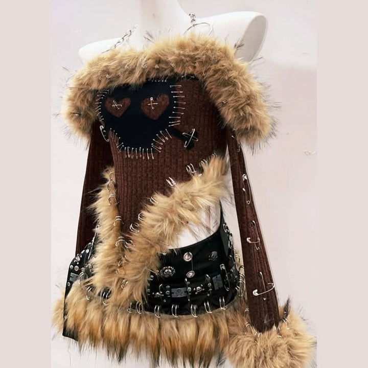 Long sleeve fluffy halter metal chain o ring top  | Festival Outfits Women