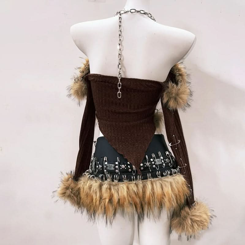 Long sleeve fluffy halter metal chain o ring top  | Festival Outfits Women