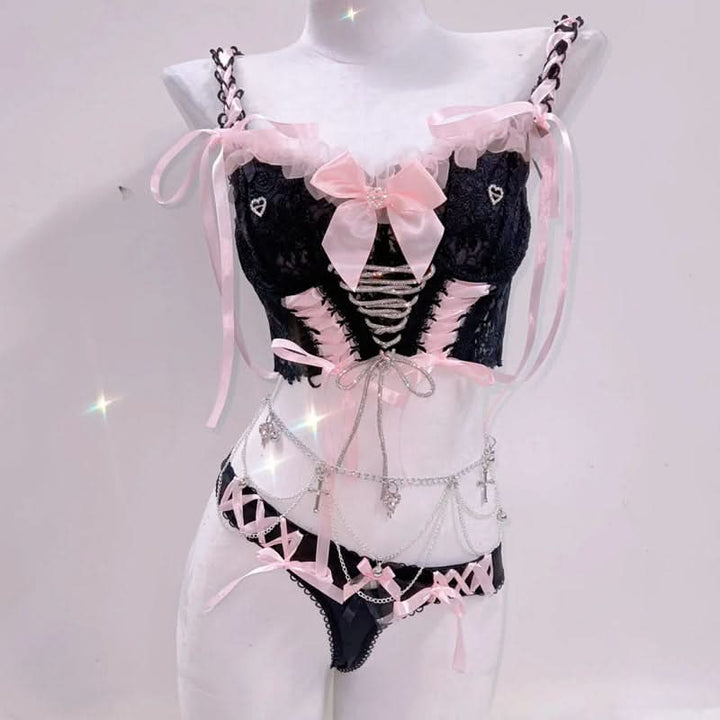 Bowknot ribbon lace up v neck cami pant set  | Festival Outfits Women