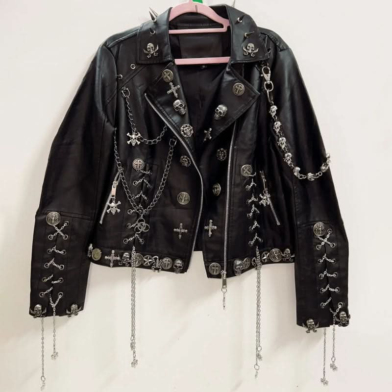 Long sleeve metal chain zip-up PU leather top  | Festival Outfits Women