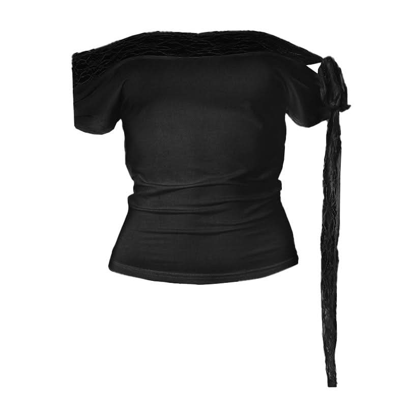 Off shoulder lace hem self tie irregular top  | Festival Outfits Women