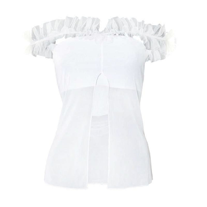 White mesh slit ruffle off shoulder top  | Festival Outfits Women