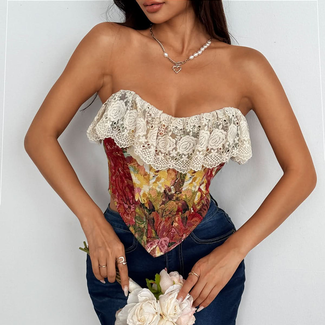 Lace hem lace up print backless tube top  | Festival Outfits Women