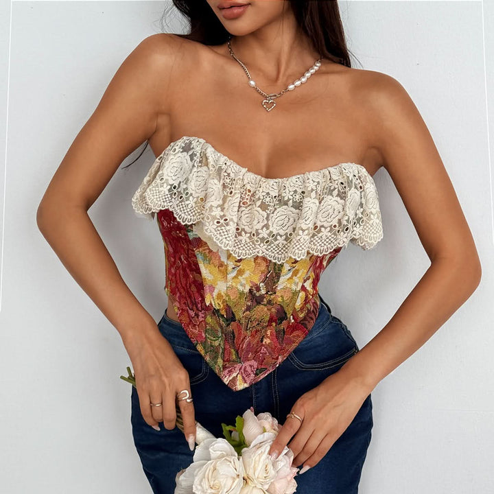 Lace hem lace up print backless tube top  | Festival Outfits Women