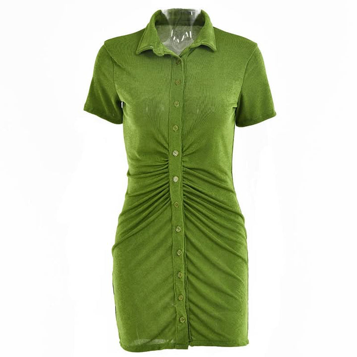 Turnover collar short sleeve ruched button mini dress  | Festival Outfits Women