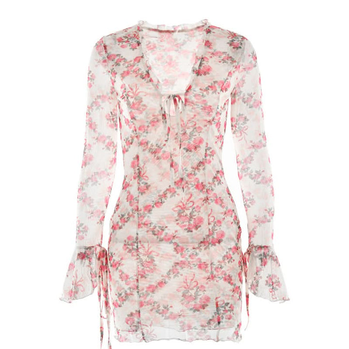 Long sleeve v neck flower print mesh mini dress  | Festival Outfits Women