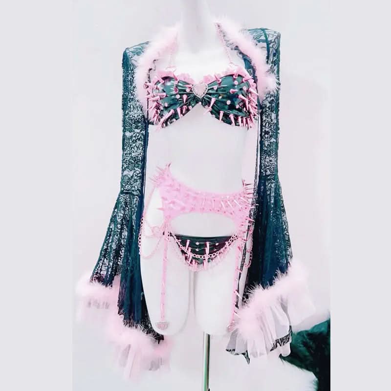 Long sleeve fluffy rivet applique metal chain pant set  | Festival Outfits Women