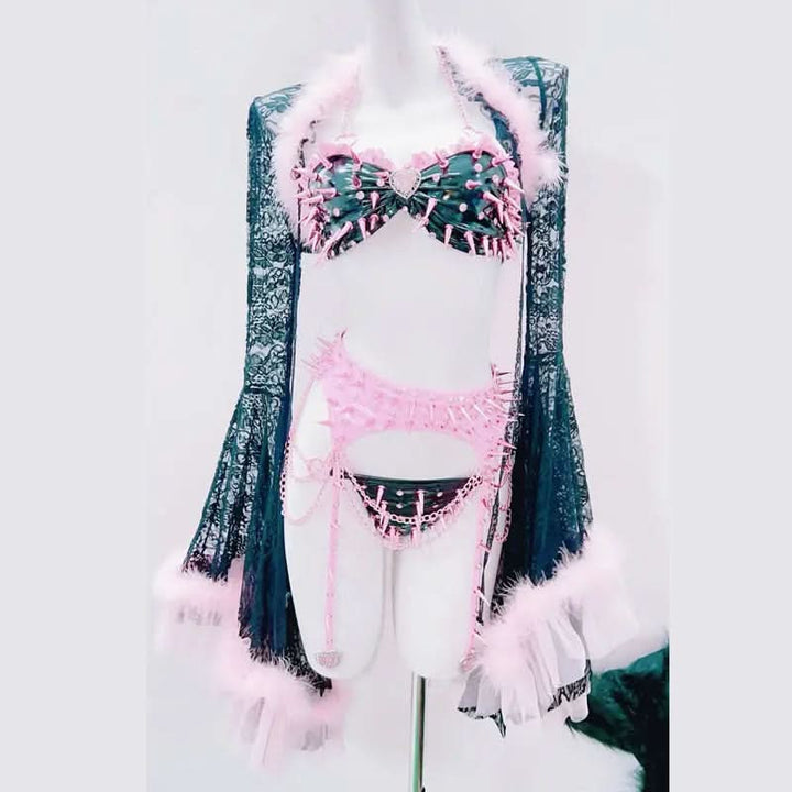 Long sleeve fluffy rivet applique metal chain pant set  | Festival Outfits Women