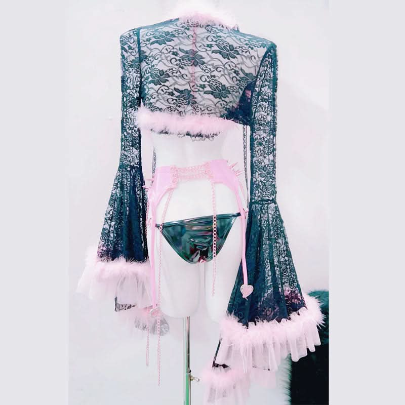 Long sleeve fluffy rivet applique metal chain pant set  | Festival Outfits Women
