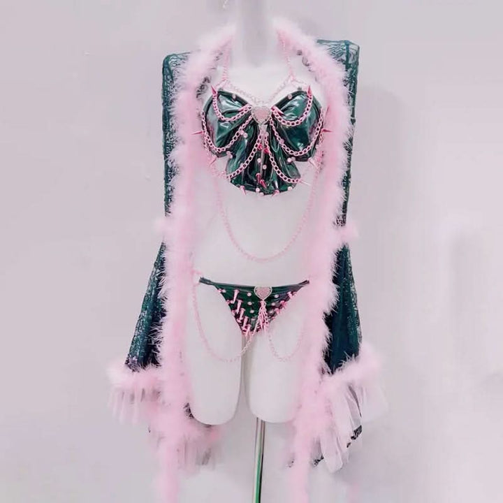 Long sleeve feather metal chain rivet applique pant set  | Festival Outfits Women