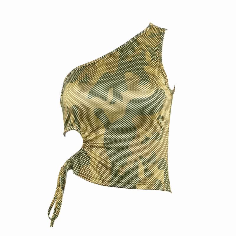 One shoulder hollow out camouflage self tie cut out top  | Festival Outfits Women