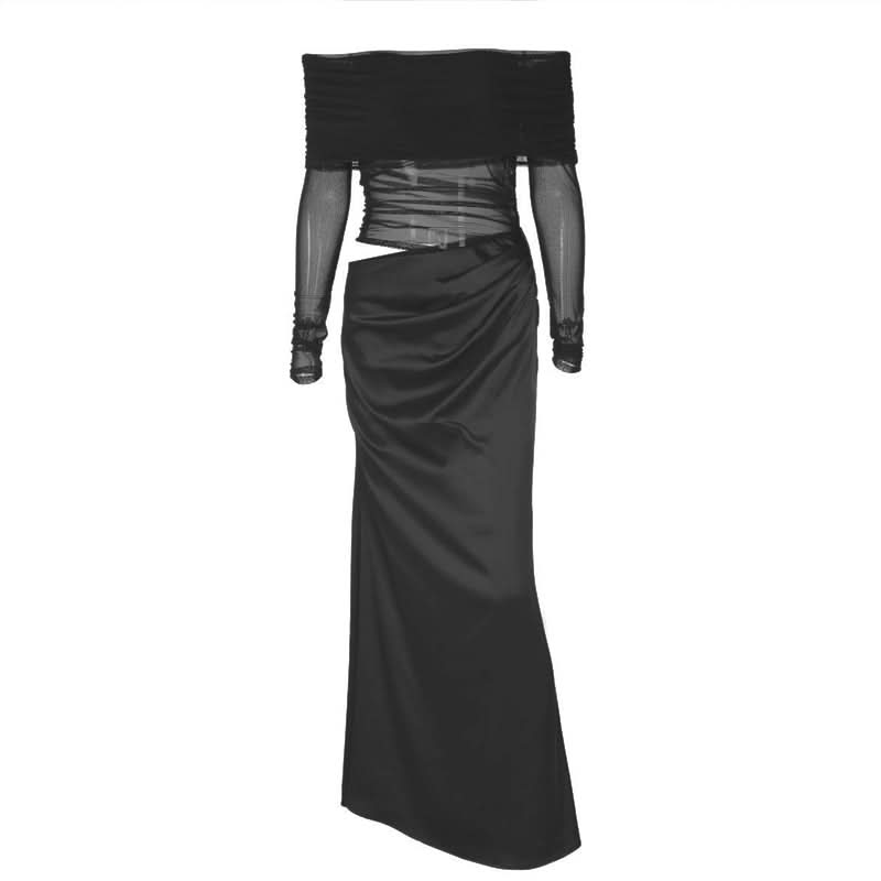 Hollow out off sleeve mesh patchwork cut out maxi dress  | Festival Outfits Women