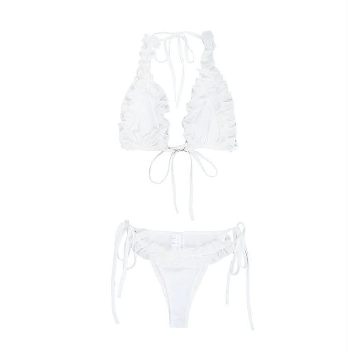 Ruffle self tie halter backless solid pant set  | Festival Outfits Women