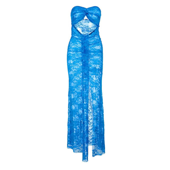 Slit hollow out lace ruched tube cut out maxi dress  | Festival Outfits Women