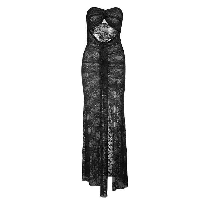 Slit hollow out lace ruched tube cut out maxi dress  | Festival Outfits Women