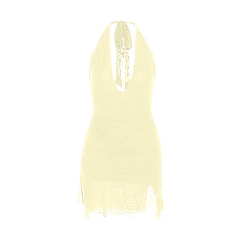 Halter self tie deep v neck slit ruched mini dress  | Festival Outfits Women