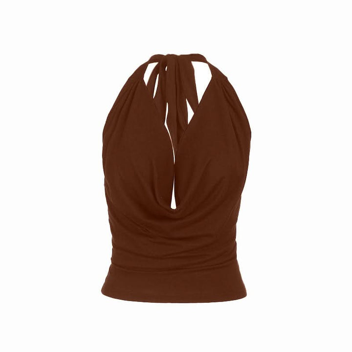 Cowl neck halter self tie solid backless top-final-sale
