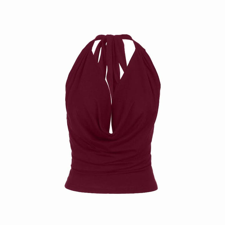 Cowl neck halter self tie solid backless top-final-sale