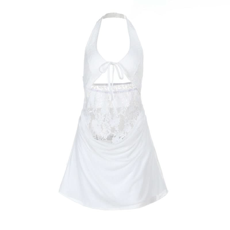 Halter hollow out lace zip-up self tie cut out mini dress  | Festival Outfits Women