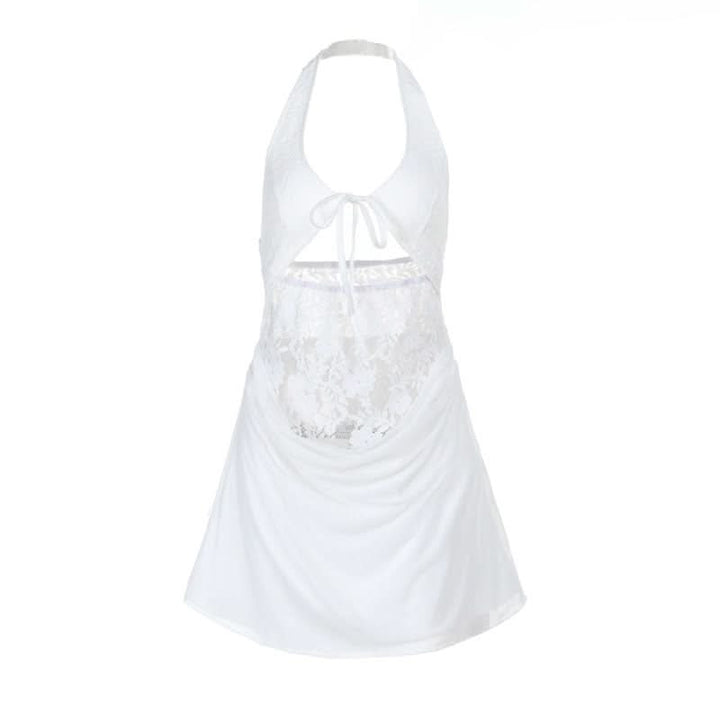 Halter hollow out lace zip-up self tie cut out mini dress  | Festival Outfits Women
