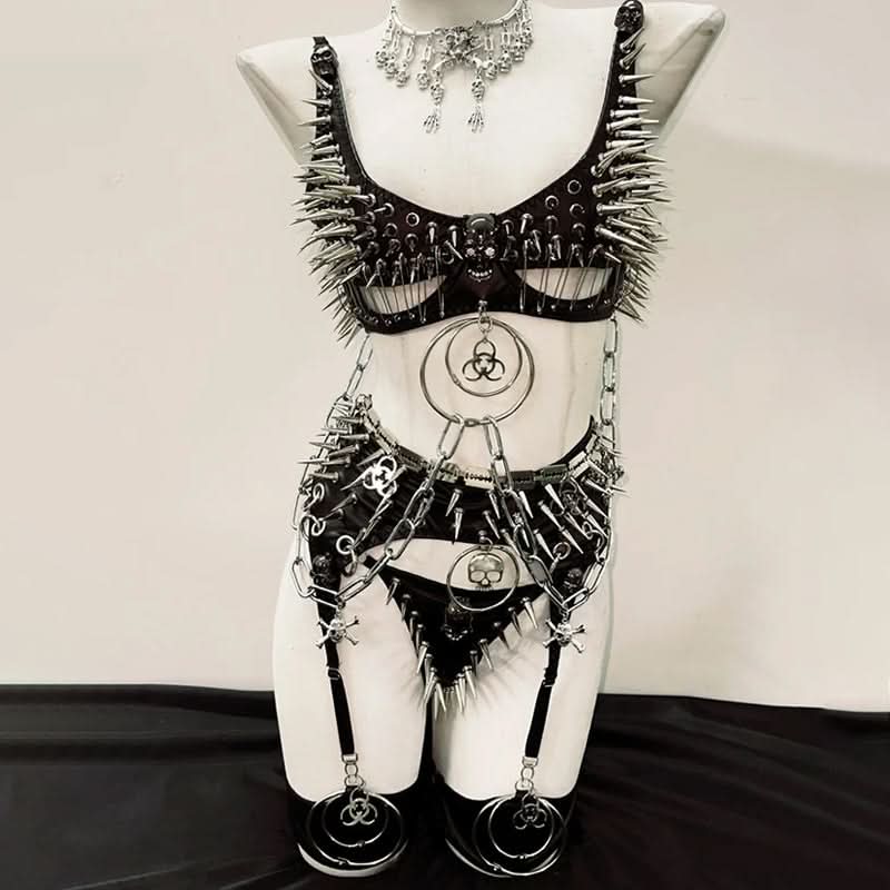 Rivet o ring metal chain skull applique cami set  | Festival Outfits Women