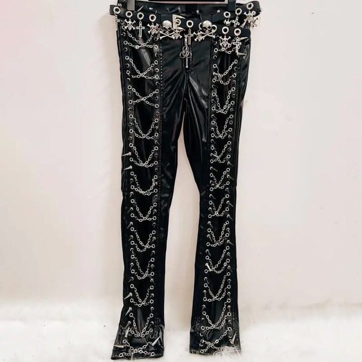 PU leather metal chain rivet pant  | Festival Outfits Women