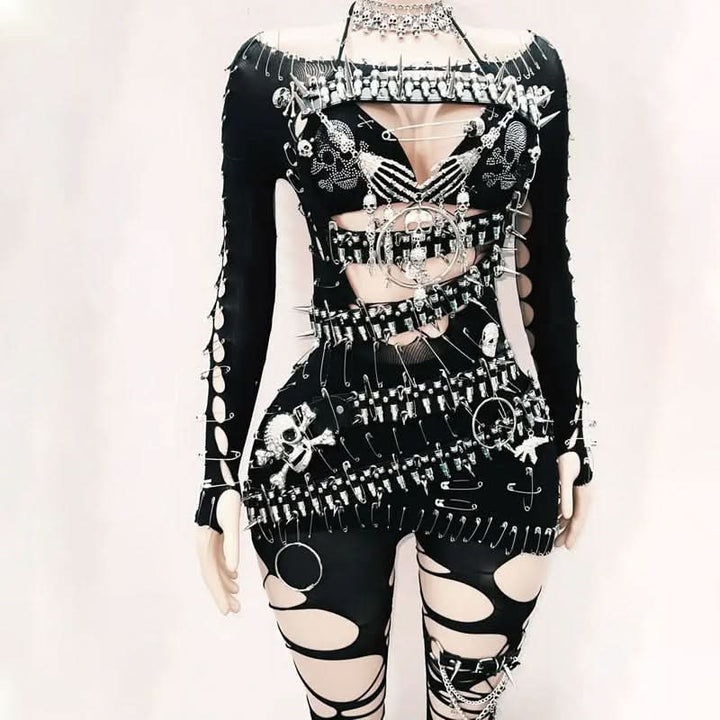 Off shoulder skull applique hollow out cut out mini dress  | Festival Outfits Women