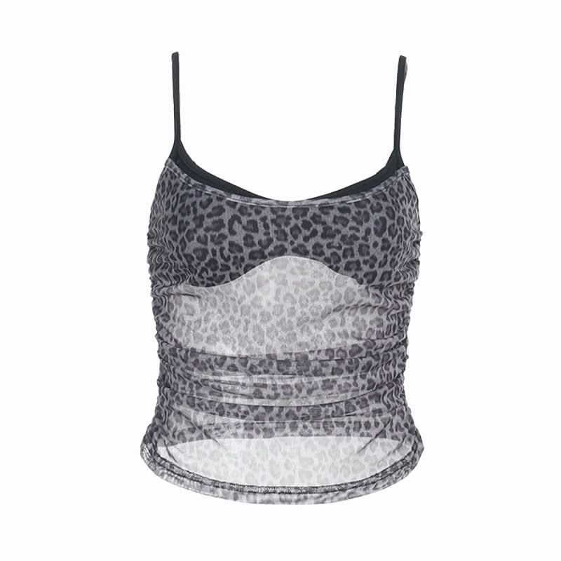 Leopard print ruched u neck mesh cami top  | Festival Outfits Women  | Cheetah Print Top