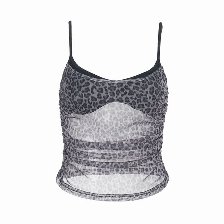 Leopard print ruched u neck mesh cami top  | Festival Outfits Women  | Cheetah Print Top