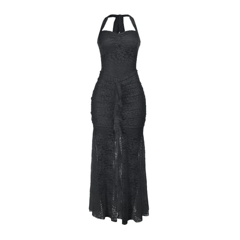 Lace ruched self tie halter v neck maxi dress  | Festival Outfits Women
